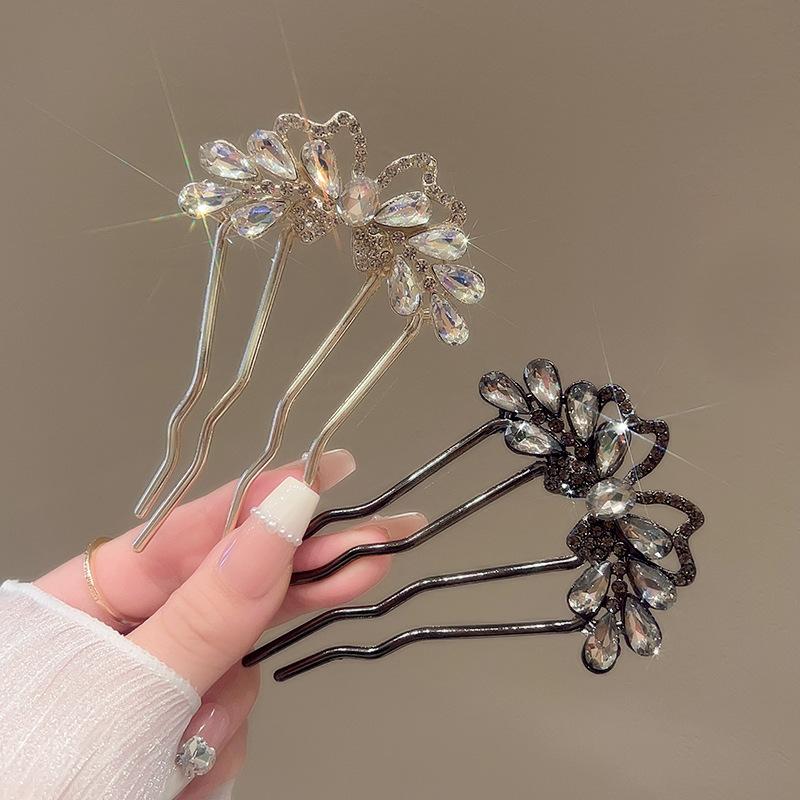 Rhinestones U-Shaped Hair Sticks Butterfly Hair Stick for Women Bun Comb Hanfu Metal Hair Clips Hair Accessories Hairpin