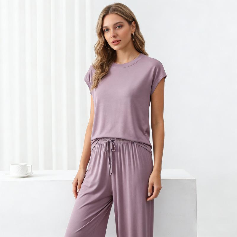 Modal Loose Homewear Set O-neck Tshirts Short Sleeves and Wide Leg Pants Casual Streetwear Suit All Match