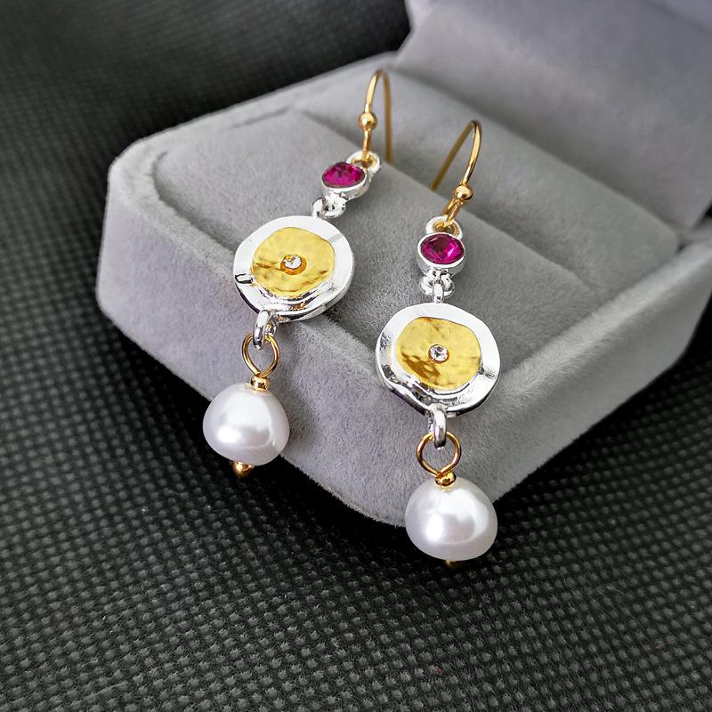 Wholesale Fashion Gold Disc Imitation Pearl Long Earrings Ladies Korean Style Red Rhinestone Drop Dangle Earring For Women