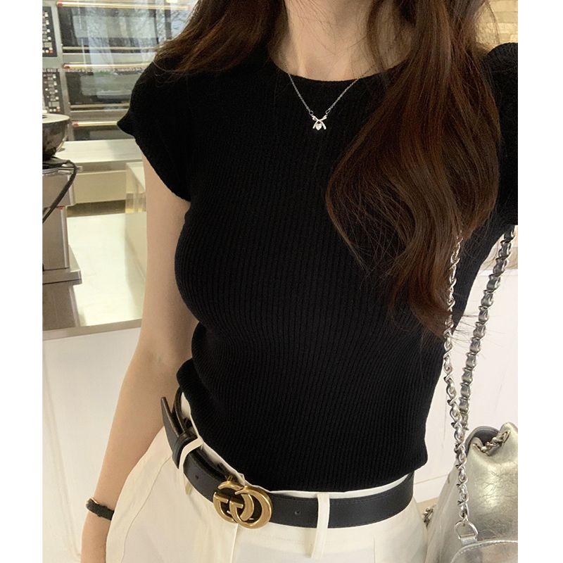 Kumikumi Simple Basic Round Neck Pure Color Short Sleeve T-shirt Female Summer All-Matching Slim Fit Slimming Shoulder Tops