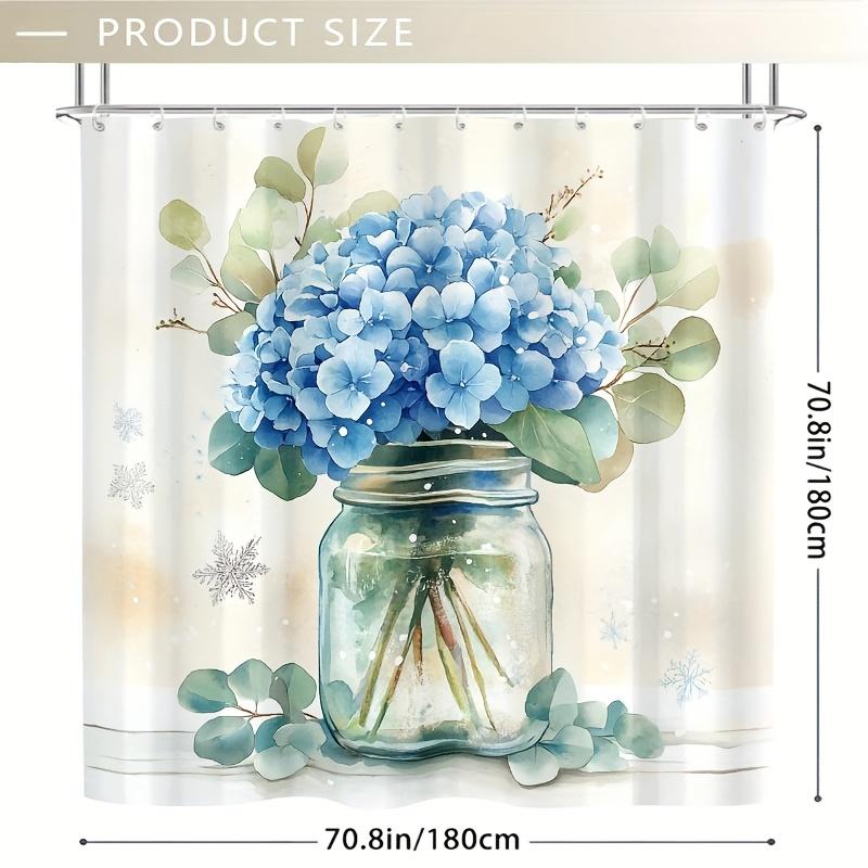 1 Stück Aquarell Blaue Hortensien Duschvorhang - Eukalyptus Design, 71x71 Zoll, Polyester, Handwäsche, Stilvolle Badezimmerdekoration