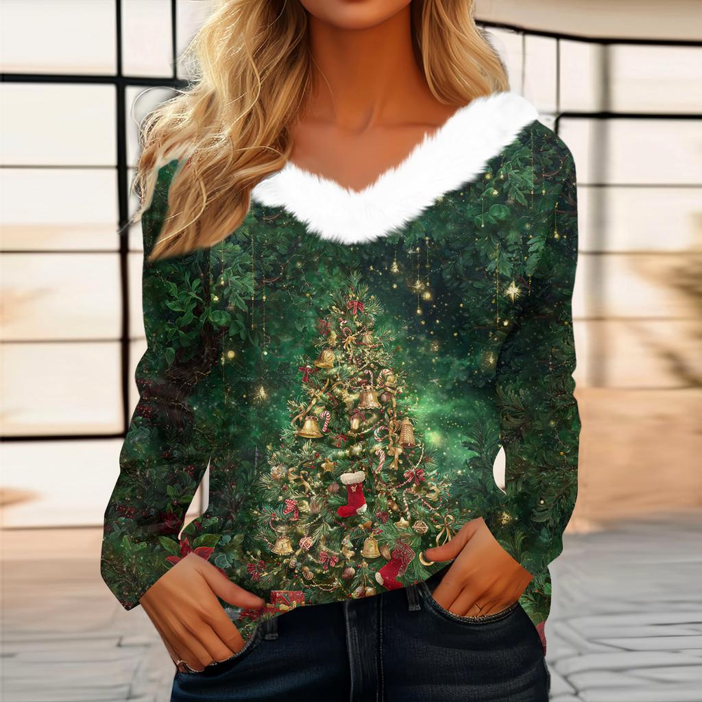 Dames Juleprintet Langermet Party Plysj Hals V-hals Topp