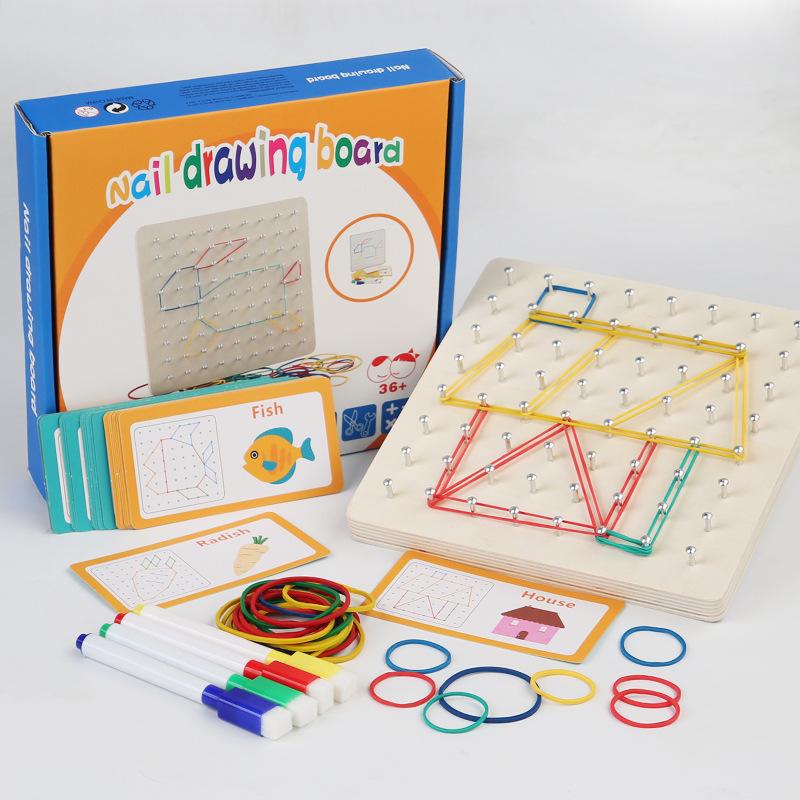 Montessori Wooden Geometric Figures and Creative Nail Board for Early Childhood Education