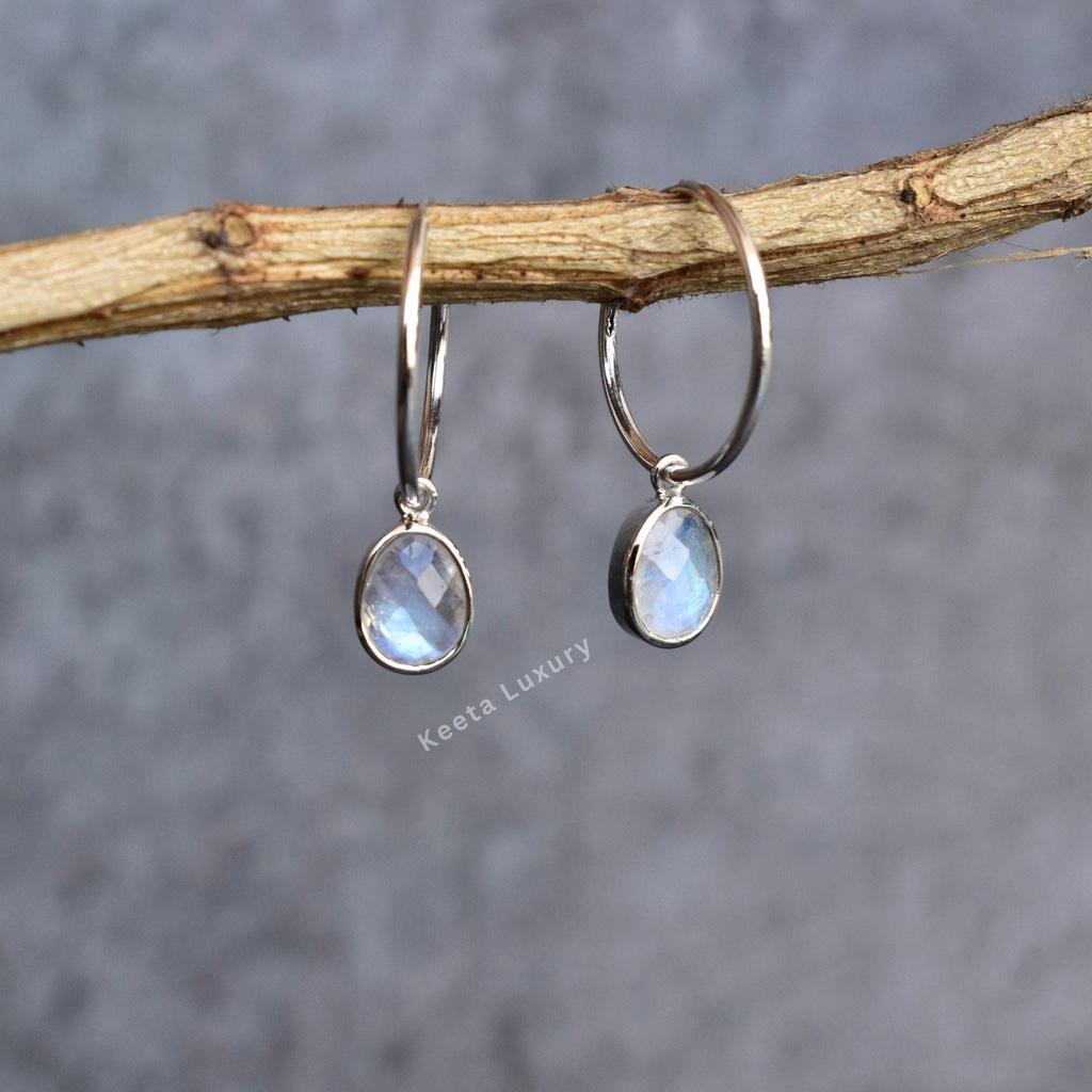 Natural flashy moonstone earrings Rainbow moonstone handmade earrings for women Sterling silver hoop earrings June birthstone jewelry