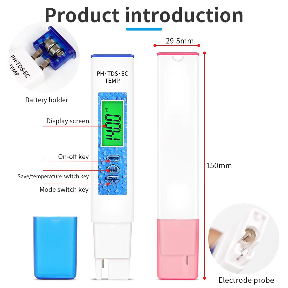 4 In 1 Digital PH Meter PH TDS EC TEMP Tester Backlight Water Quality Tester For Pools Drinking Water Aquariums