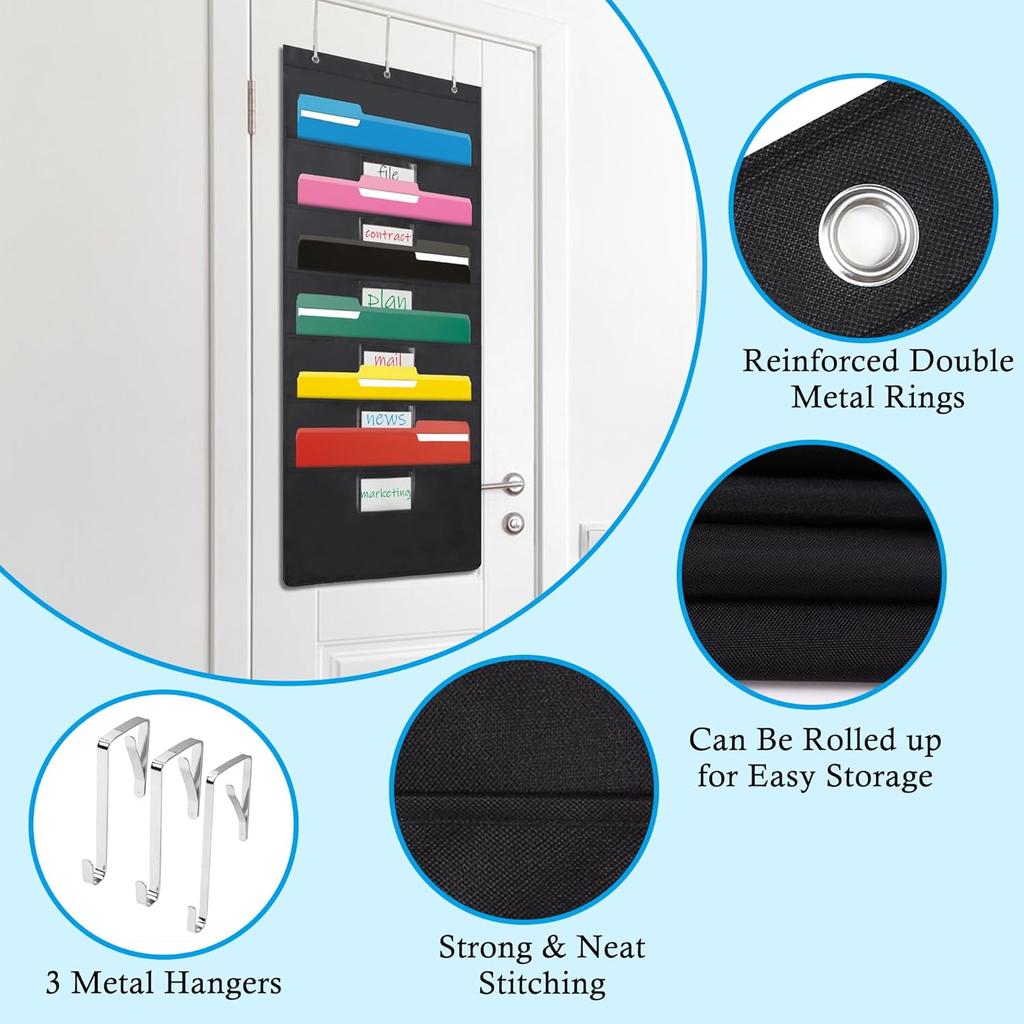 Black 6-Pocket Hanging Wall File Organizer, Pocket Chart for Classroom, Office, Home