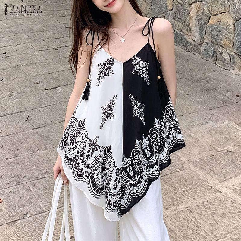 ZANZEA Damen Boho Print Lässige Ärmellose V-Ausschnitt Slip Camisoles
