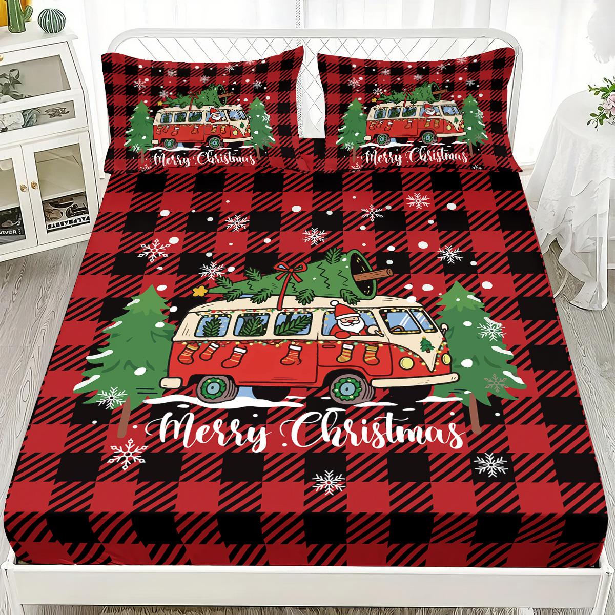 

3pcs red checkered Christmas truck print coreless bed sheet set multi size bedcover bedroom bedding decoration machine washable 90x191cm