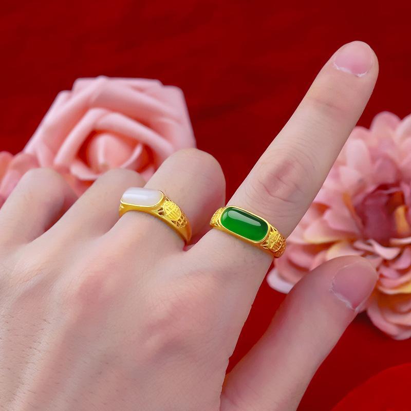 Ethnic style live jade ring, 24k gold plated jade ring with green agate ring