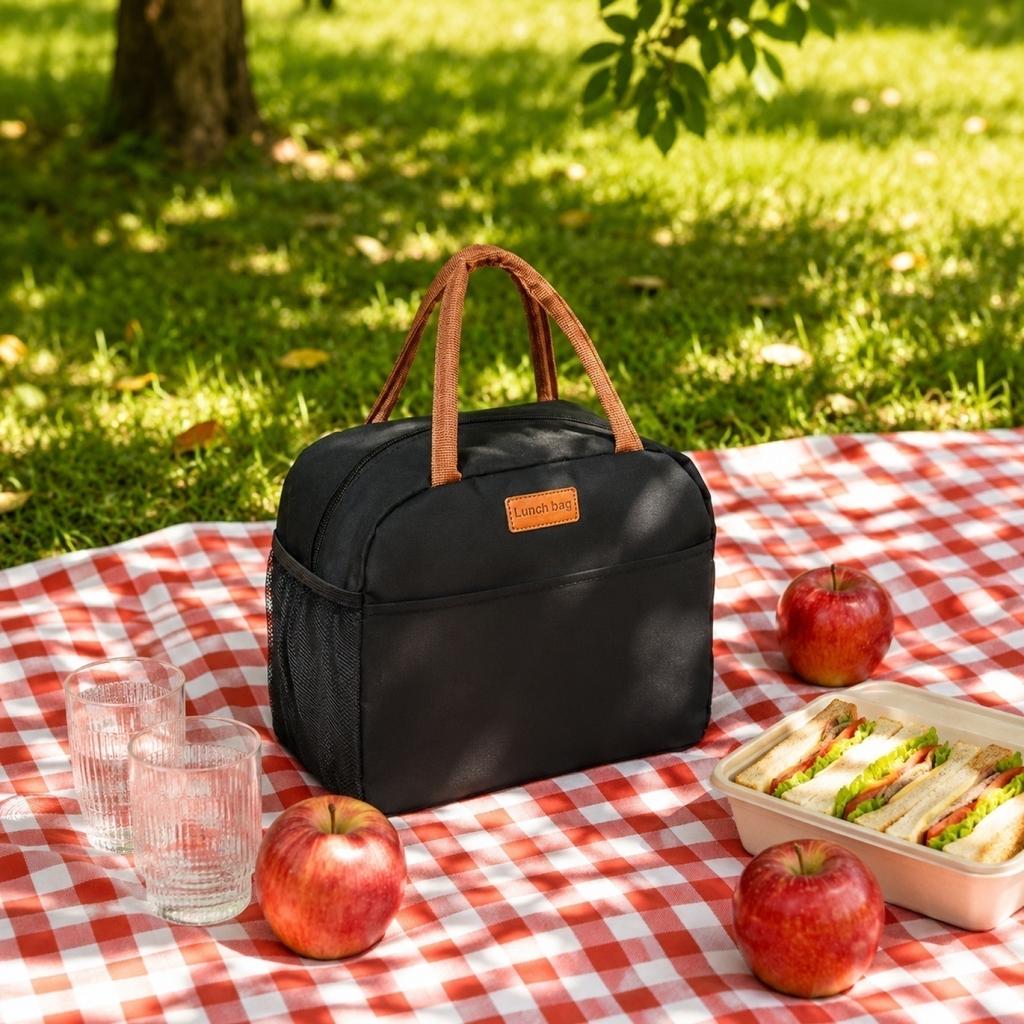Fabric Portable Foldable Lunch Bag with Dual Handles Mesh Side Pocket Zipper Closure for Daily Use Travel Work School Picnic