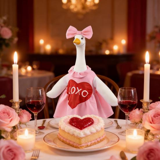 Valentine's Day Goose Costume for 23 Inch Porch Goose Soft Pink Heart Design Goose Suit with Bow Outdoor Garden Lawn Decoration