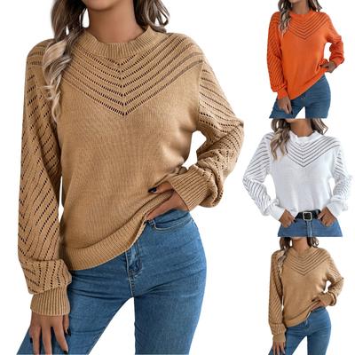 Women's Fashion Casual Loose Round Neck Hollow Solid Color Long Sleeve Sweater Pullover Top