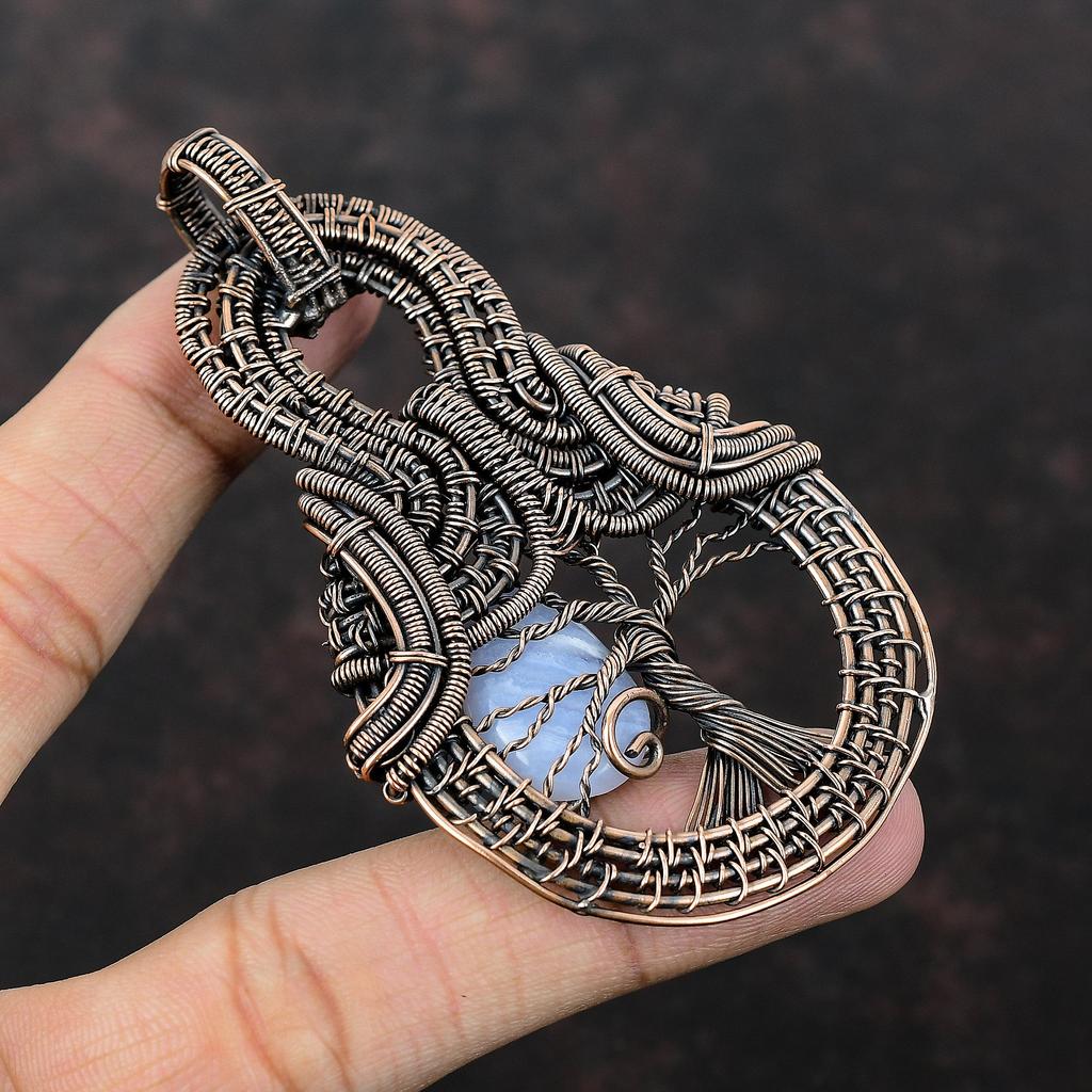 Lebensbaum Blauer Spitzenachat Anhänger Kupferdraht gewickelter Anhänger Handgefertigter Kupferschmuck Edelsteinanhänger Drahtwickelschmuck Geschenk für Mutter