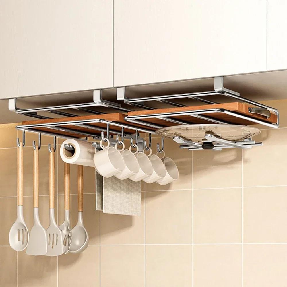 Kitchen Stainless Steel Wall Hanging Rack Under Cabinet Paper Towel Holder Pot Lid Storage with Hooks Space Saving Organizer