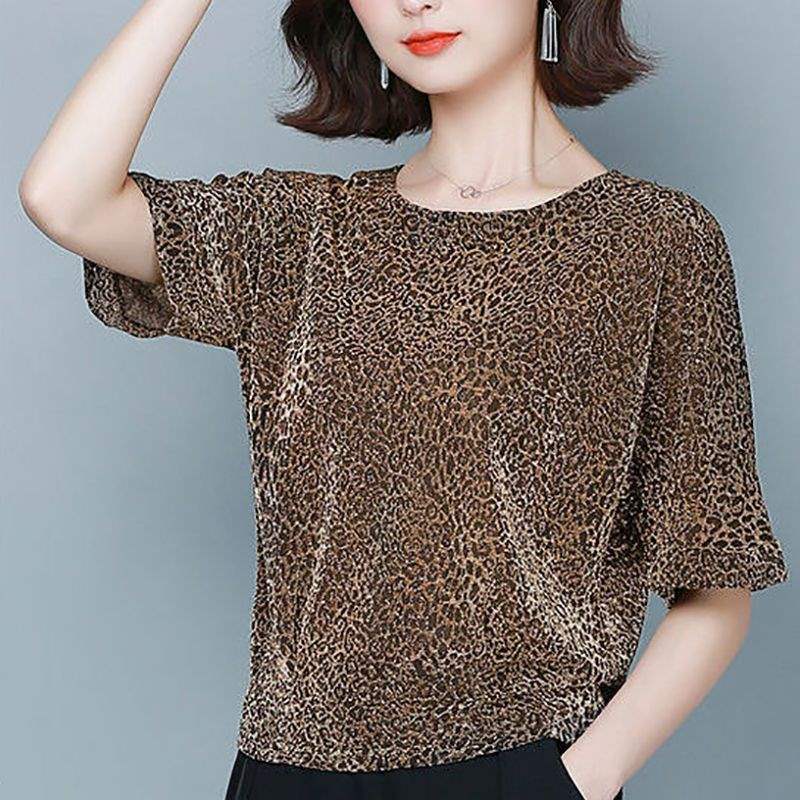 Bright silk T-shirt women's short-sleeved top summer new large size loose belly cover bright silk bottoming leopard print shirt