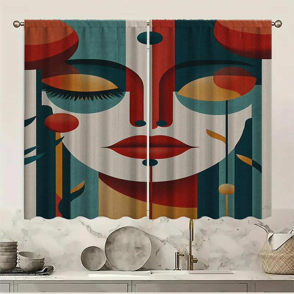 2PC Home Colorful Facial Features Curtains With Landscape Background And Pole Pocket Curtains, Kitchen, Coffee Shop, Living Room