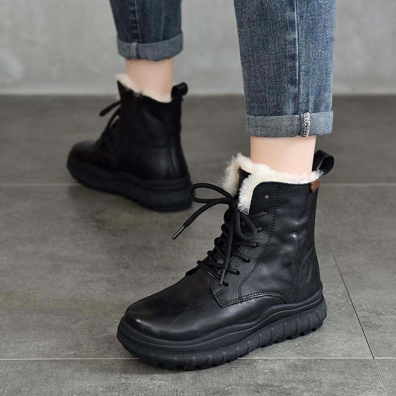 Johnature Thick Sole Wool Boots Thickened Warm Cotton Boots Genuine Leather Retro Women Short Boots