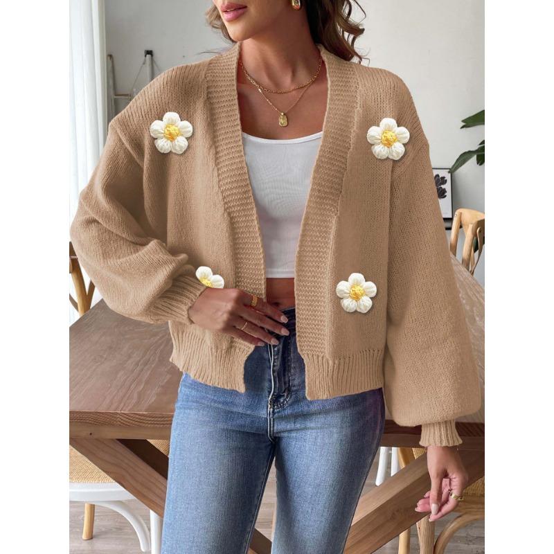 Dámský podzimní a zimní kardigan háčkovaný květinový patchwork pletený svetr s dlouhým rukávem