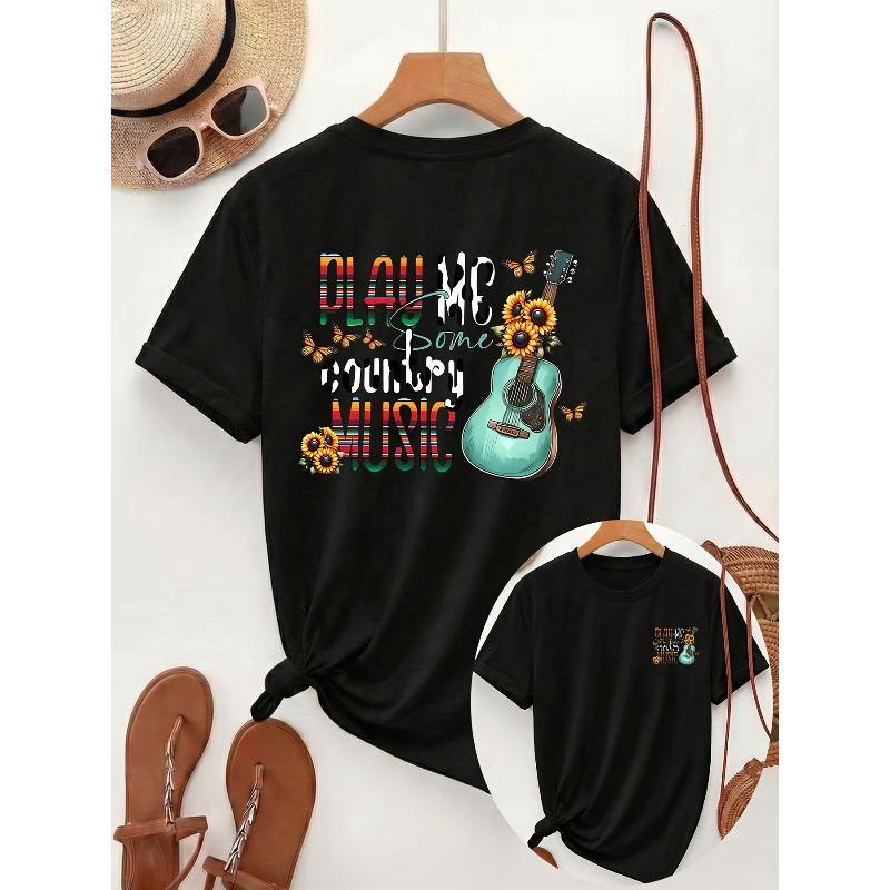 Colorful PLAY ME SOME COUNTRY MUSIC Graphic Tee - Black Plus size T-Shirt with Sunflower and Ukulele Design on Back, S чёрный