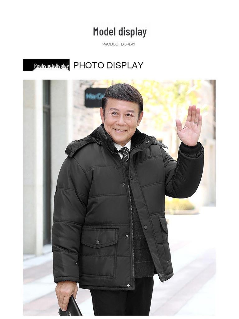 Men's Winter Down Cotton Jacket with Detachable Hood - Thick, Velvet-Lined, for Middle-Aged & Elderly, European Size.