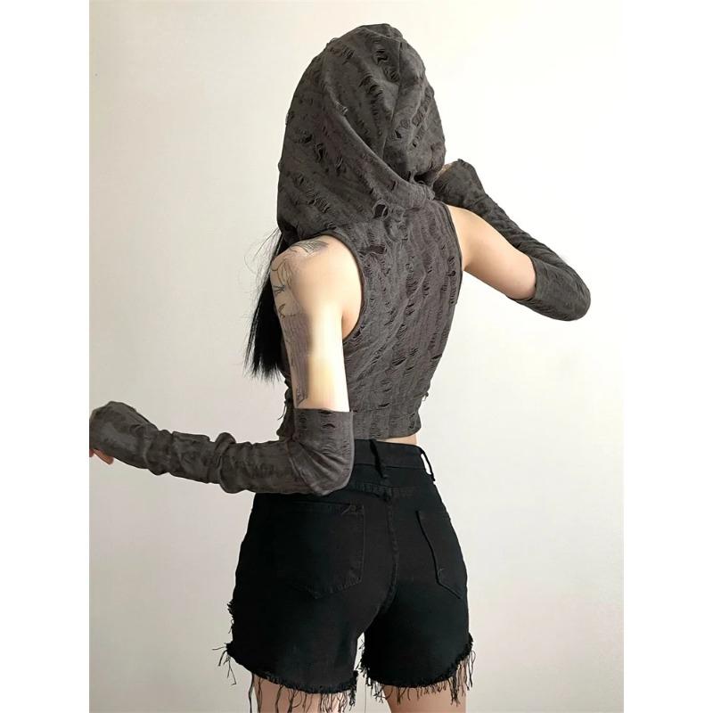 Sylcue Einfarbiges Vintage-Distressed-Design, schlichtes All-Match, modisch, cool, cool, für den Sommer, reisefrei, gestricktes Kapuzenoberteil für Damen