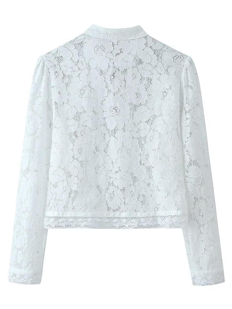 Women's French Chic Lace Crochet Button-Up Stand Collar Slim Fit Shirt Blouse