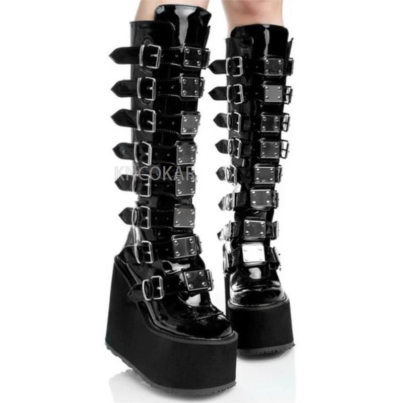 Black Pink Platform Boots Gothic 2YK Boots Lady Buckle Autumn Shoes Women Knee High Boots Punk Street Cosplay Boots