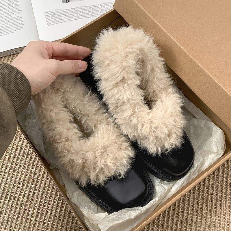

Black thick-heeled small leather shoes for women s 2025 new autumn and winter plush warm fluffy shoes Mary Jane pedal high heels 40