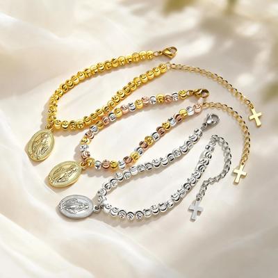 Fashion Holy Rosary Virgin Mary Bracelet for Women, Stainless Steel Tri Color Beads Chain Bracelets, Religious Prayer Jewelry