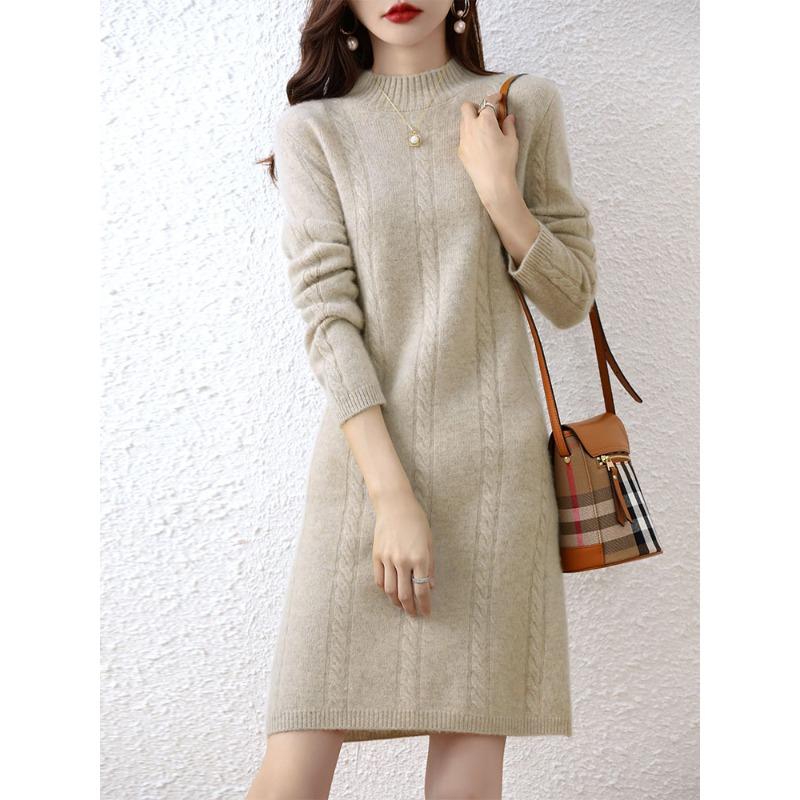 Autumn and winter thickened twisted flower medium and long sweater skirt loose and thin bottoming skirt women's semi-turtleneck knitted dress women's