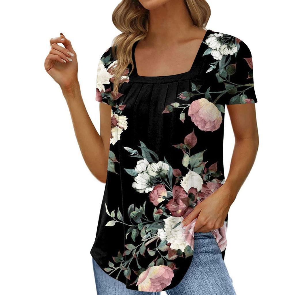 Women's Fashion Casual Square Neck Floral Print Short Sleeve T-Shirt Top