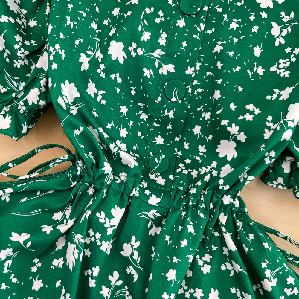 Summer Elegant Square Collar Loose Dress Women Vintage Bubble Short Sleeve Slim A-line Floral Dress French Retro Long Dresses Casual