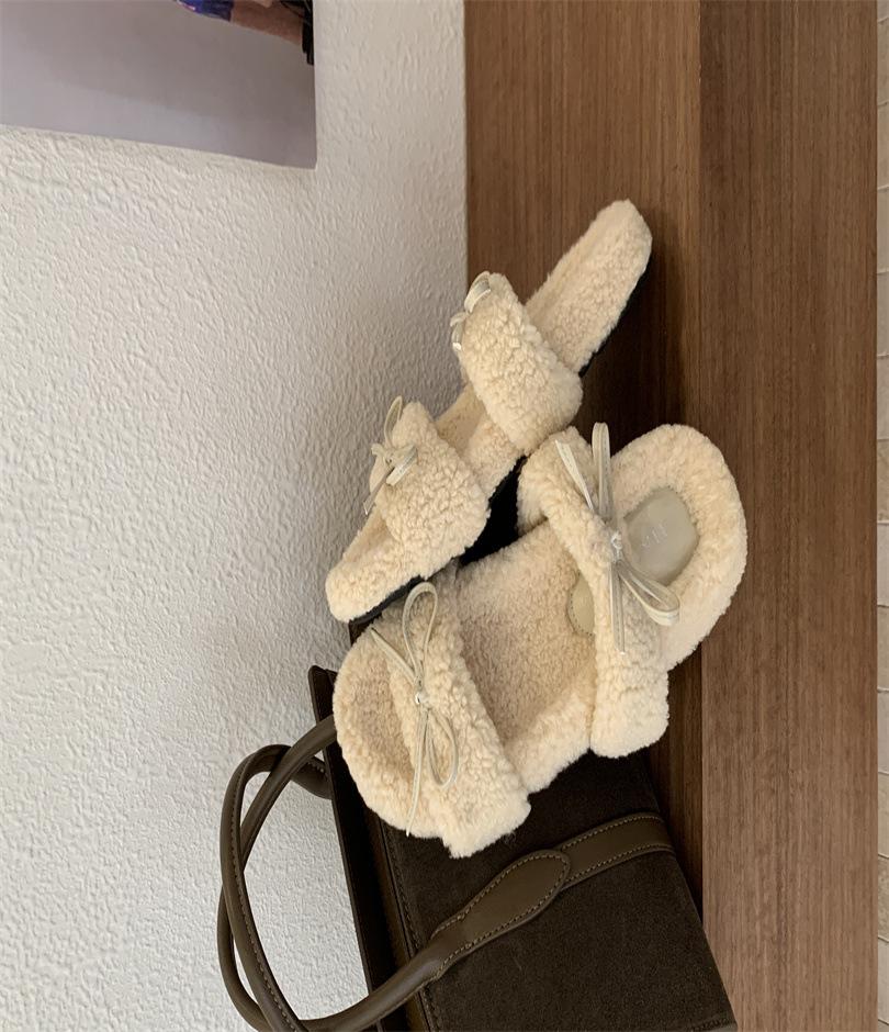 Small inner height increase fluffy shoes for women outside wear 2025 new autumn and winter Mary Jane bow velvet beanie cotton shoes