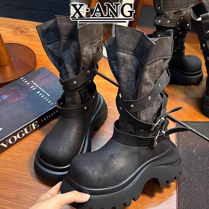 Leather Martin boots Children's belt buckle locomotive boots Thick sole heightening small knight boots Medium boots