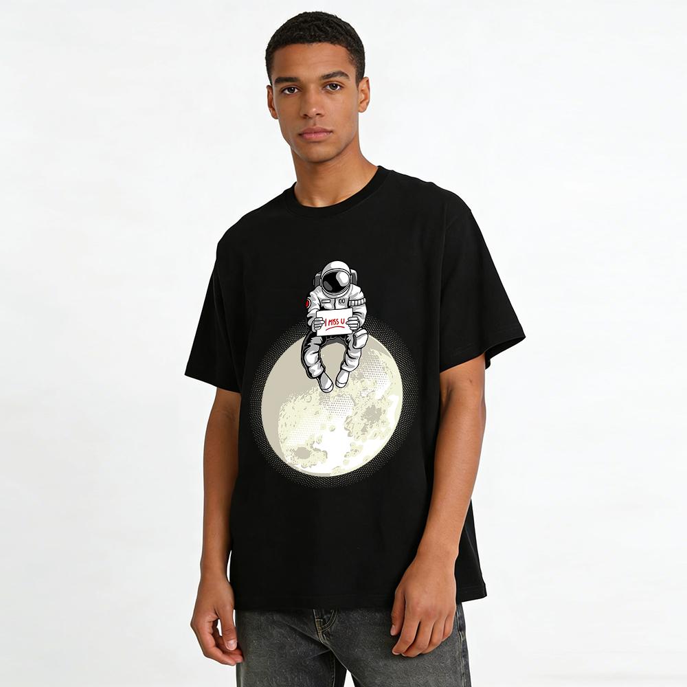 I Miss U Astronaut On Moon Graphic Casual Loose Couple T-Shirt Pure Cotton T-shirt
