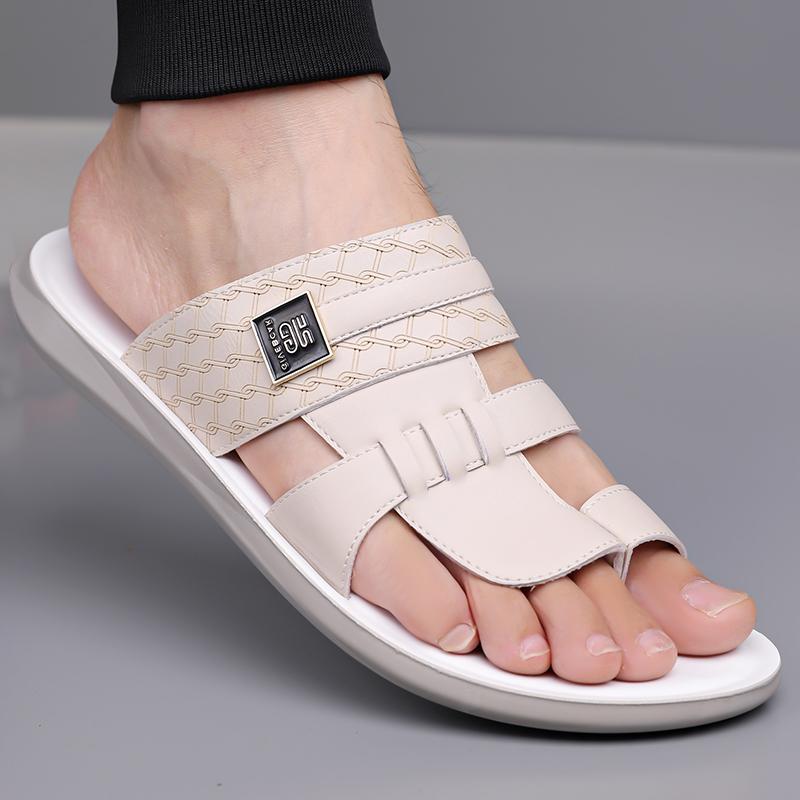 Men Black Leather Slippers Handmade Simple Flats Summer White Outdoor Roman Sandals Brown Open Toe Beach Shoes Plus Size
