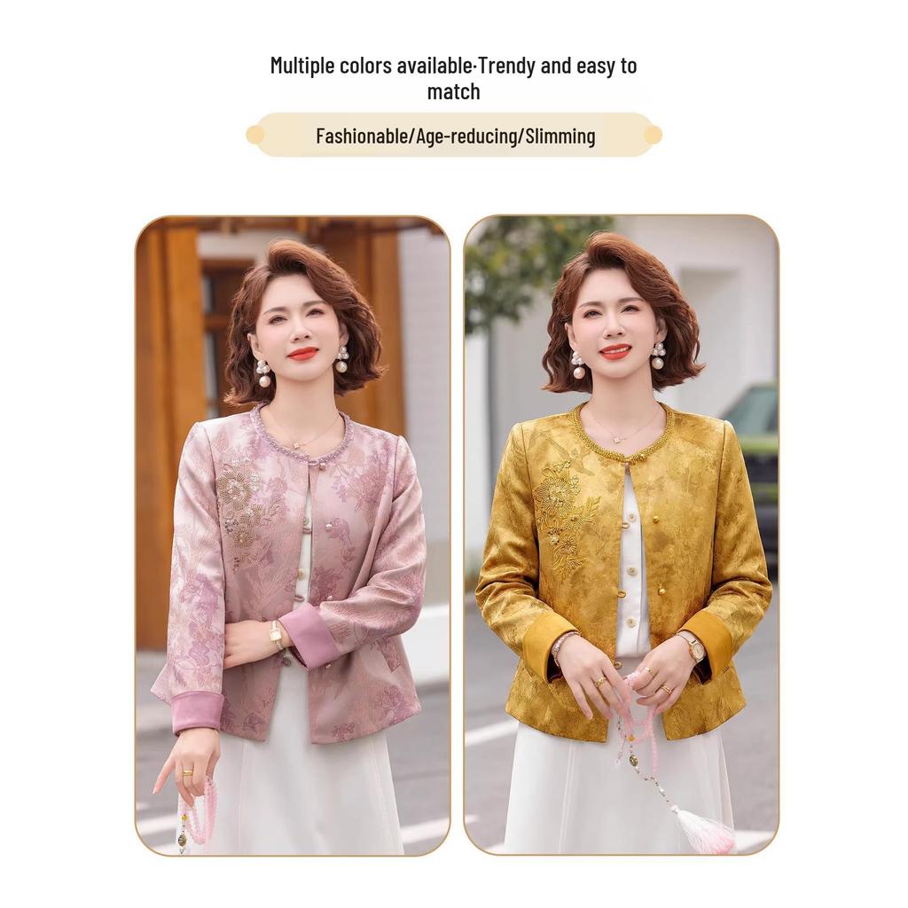 Mother's Day 2026 Elegant Floral Jacket for Middle-Aged Women - Fashionable Round Neck Top