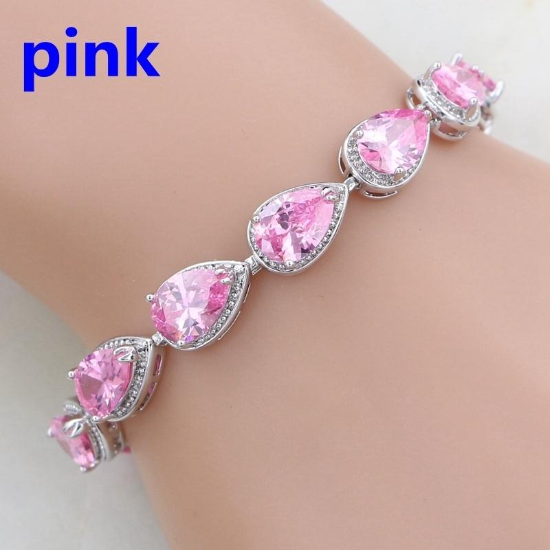 Water Drop Red Garnet CZ 925 Silver Jewelry Length 21cm Link Chain Bracelet for Women Free Gift Box