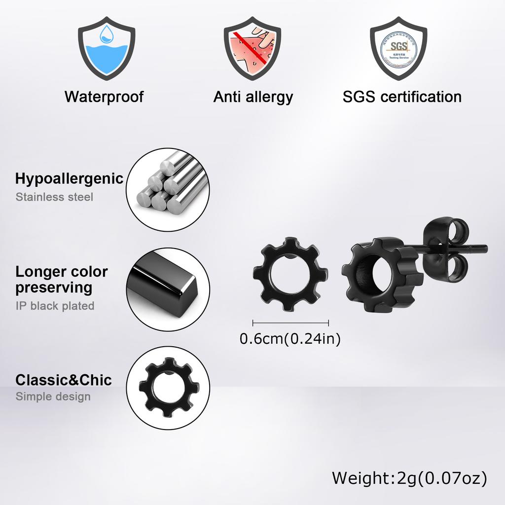 Stainless Steel Gear Stud Earrings for Men Boys,Waterproof Anit Allergy Small Earrings,Punk Rock Ear Jewelry