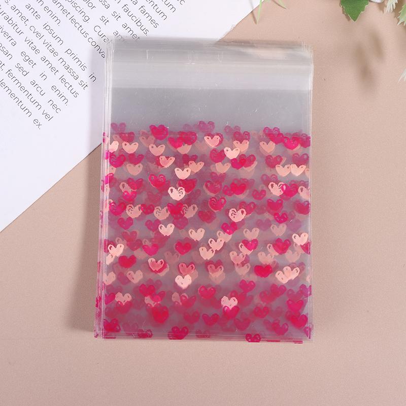 100Pcs Heart Shaped Transparent Candy Bag Biscuit Snacks Plastic Bag Baking Decoration Packaging Self-Adhesive Bag