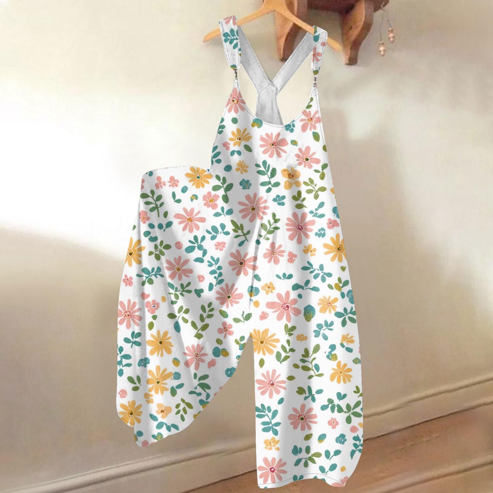 

Женский летний комбинезон с цветочным принтом в винтажном стиле (Нерегулируемые ремни) M розовый