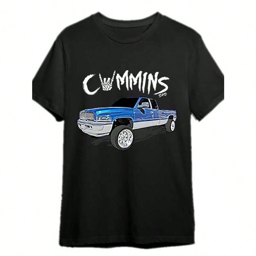 

Mens Black Cummins Engine Graphic TShirt Short Sleeve Pure Cotton Round Neck Casual Bohemian Style with Blue Truck Design S