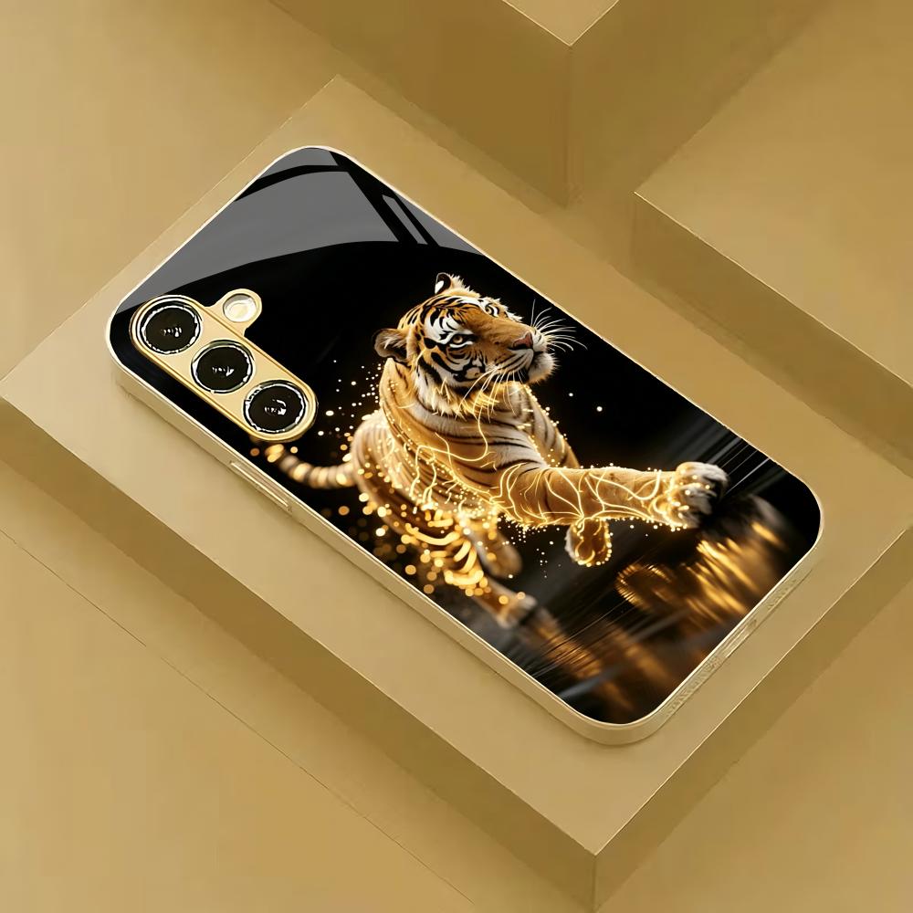 Golden Tiger Metallic Glass Phone Case Suitable for Samsung Galaxy S26 S25 S24 S22 S21 S20 FE/Ultra/Plus Anti Drop Rear Cover
