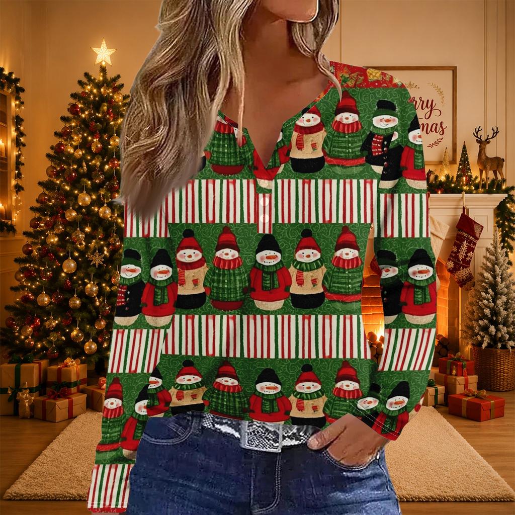 Women's Casual Christmas Print V-Neck Long Sleeve T-Shirt with Button