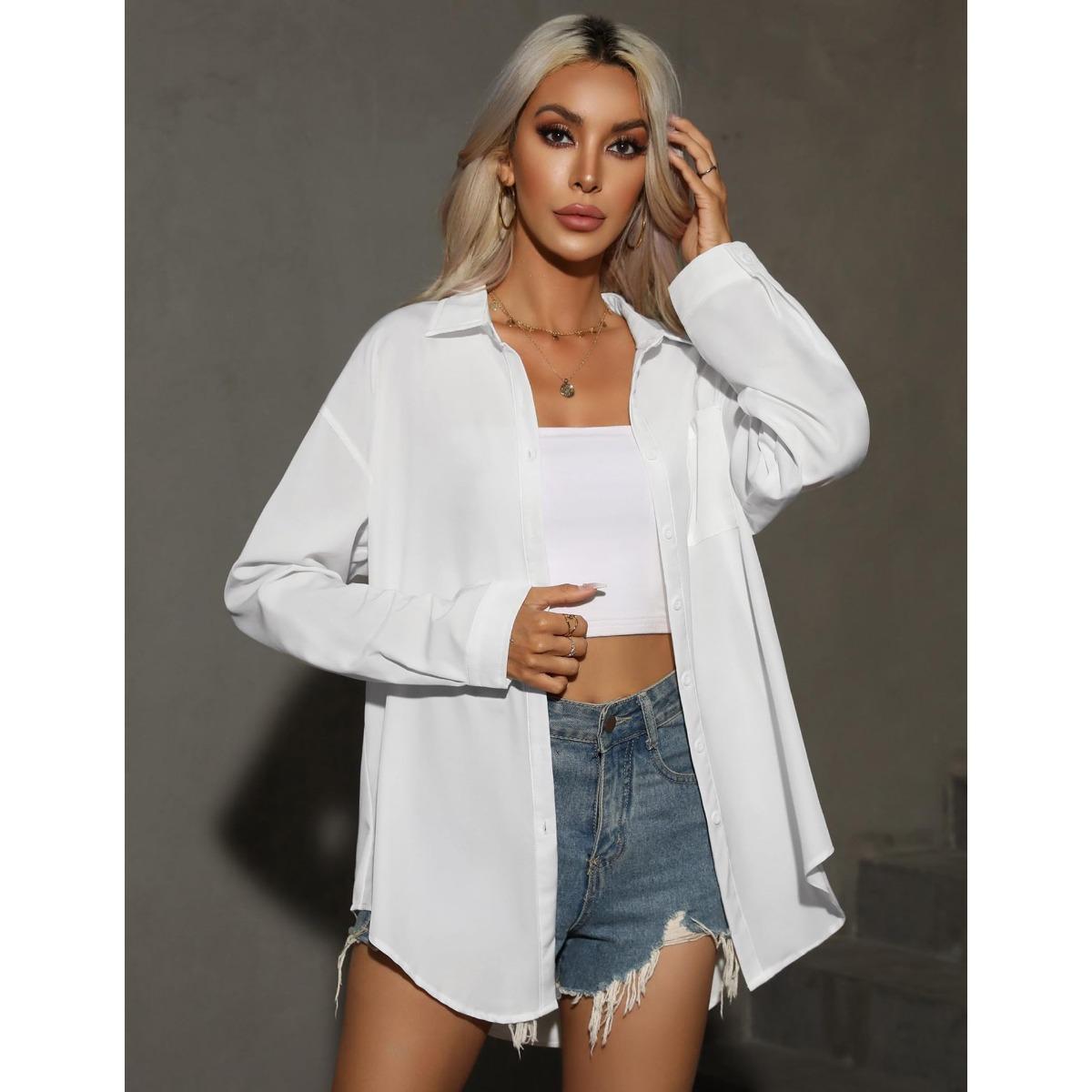 Women s Button Down Shirt Oversized Drop Shoulder Long Sleeve Boyfriend Style Shirt With Pocket For Office S белый