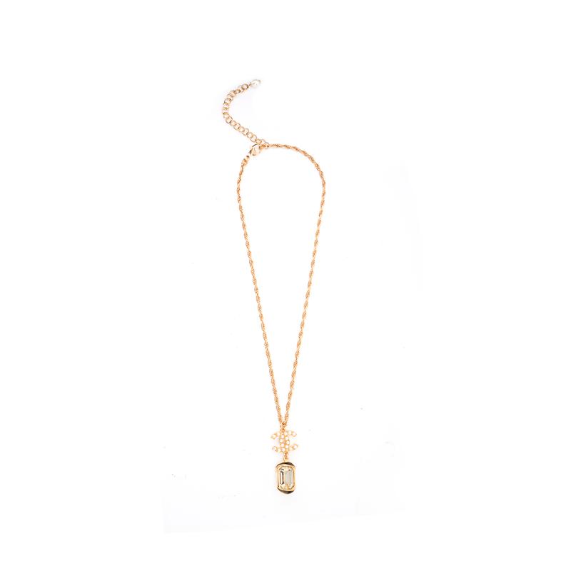 CHANEL Double C Letter Crystal Metal Necklace Women's
