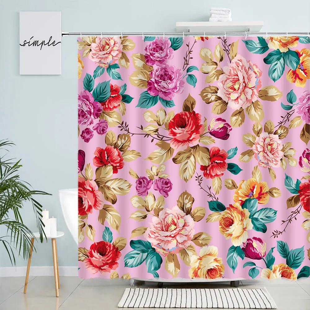 Floral Shower Curtains Pink Red Flowers Leaves Creative Design Printed Fabric Bath Curtain Modern Bathroom Decor Sets with Hooks