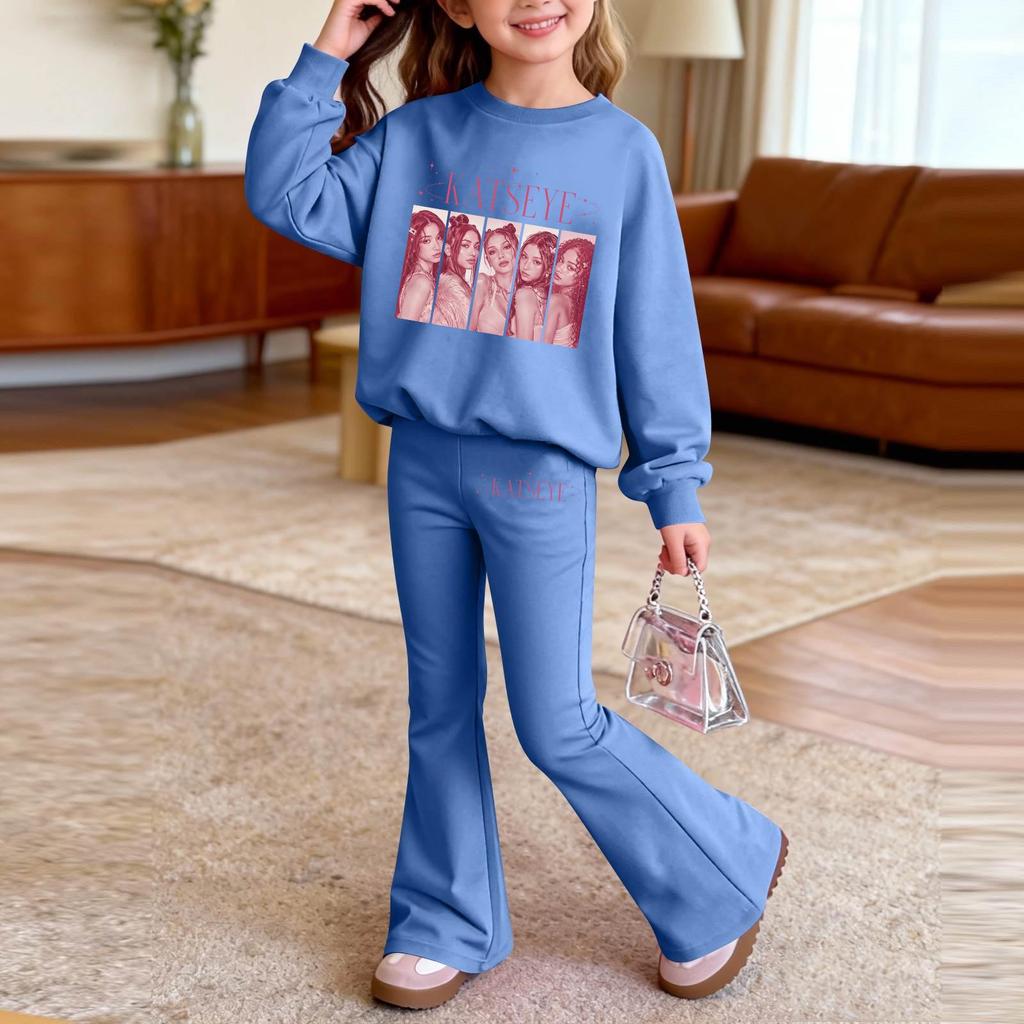 Kids Printed Long Sleeve Neck Top and Pants Set, Casual Loose Fit Outfit for Boys Girls