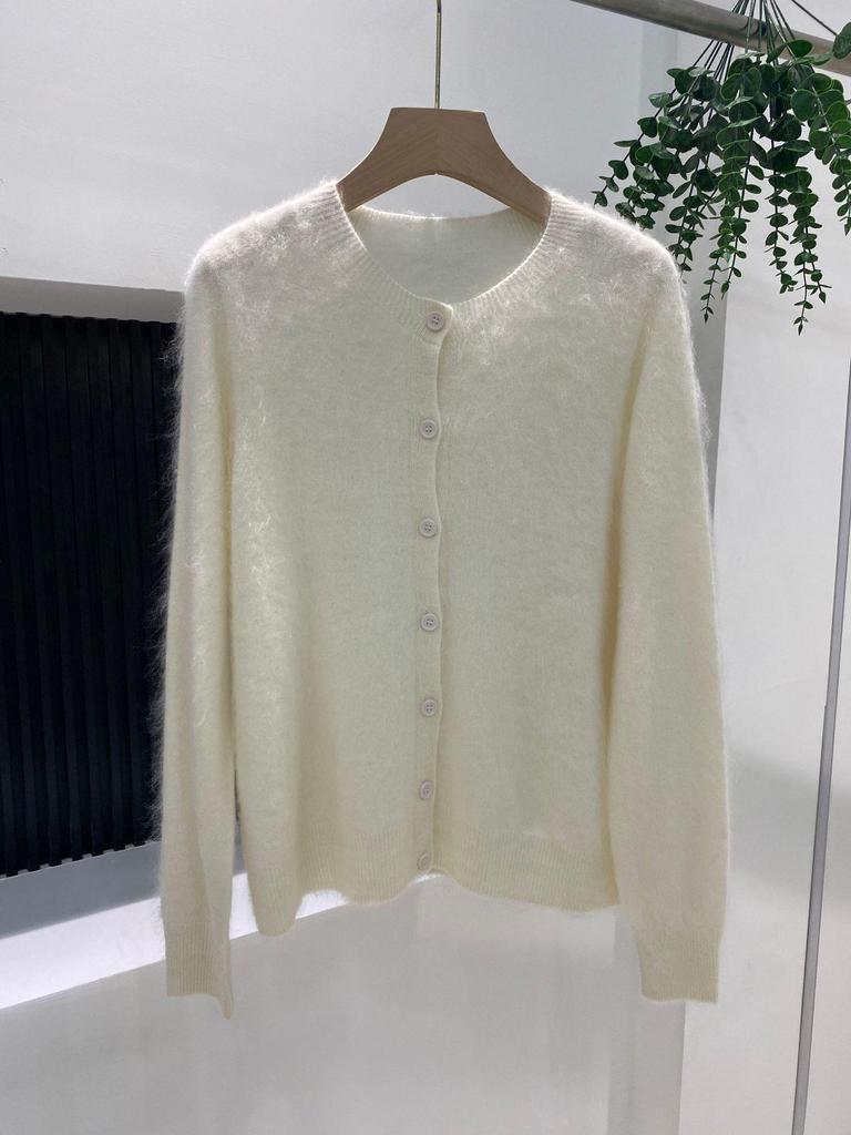 Women's Gray Wool Knit Cardigan - Brushed, Pilled Sweater for Autumn/Winter, High-End Simple Style Coat
