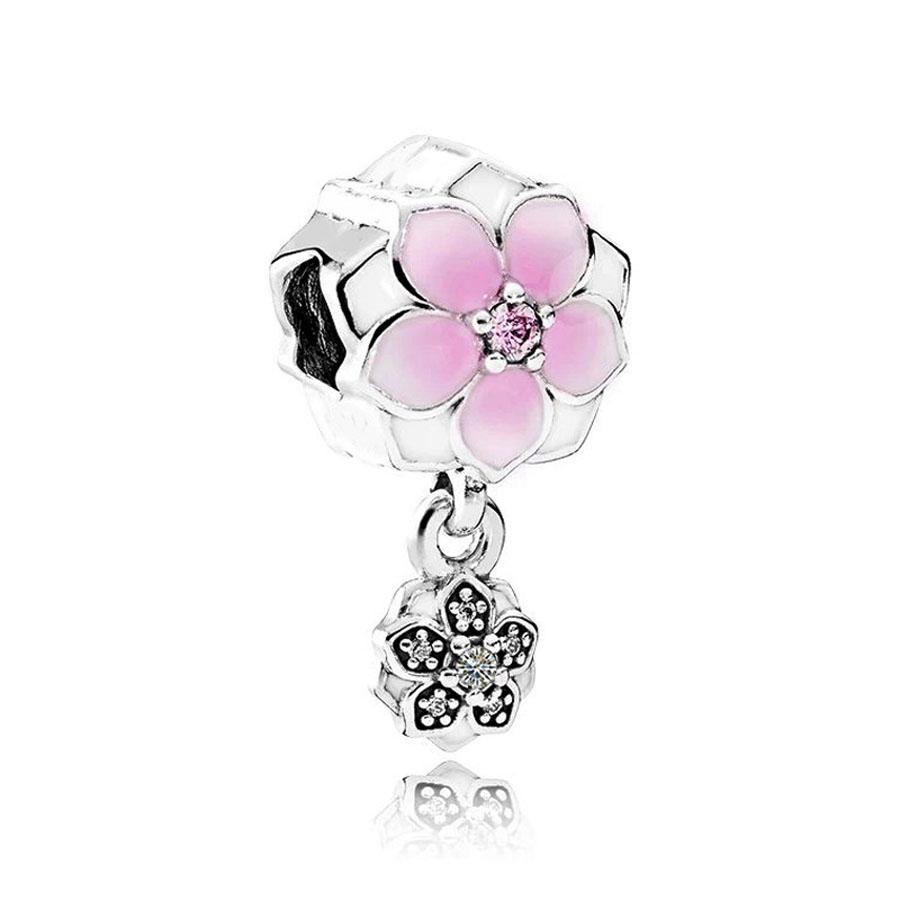 100 %Real 925 Sterling Silver Pink Enamel Flower Ribbon Charms Beads Fit Original Bracelet For Women Jewelry Making